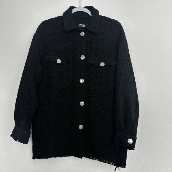 Zara Oversized Black Frayed Tweed Boucle Shirt Jacket - Picture 1 of 11
